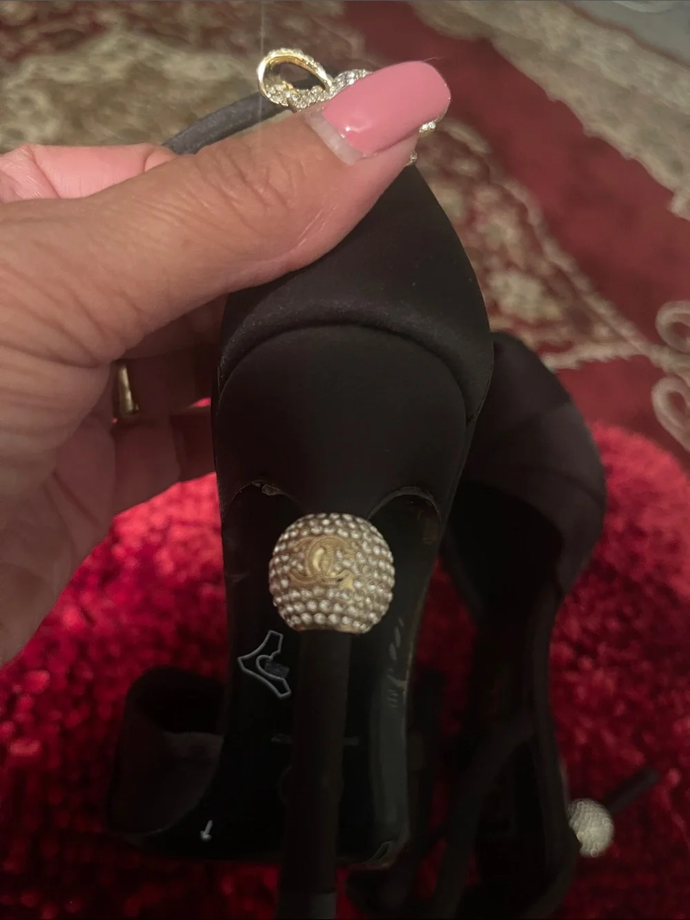 CHANEL Black Satin Peep-Toe Slingback Heels with Rhinestone Accent